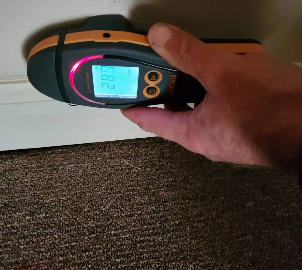 Moisture detection at baseboard during Storm Damage Restoration in Collinsville